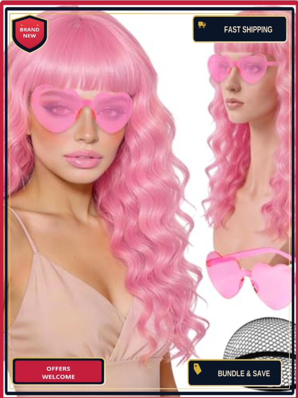 Pink Wavy Long Wig with Bangs Heart Sunglasses for Women